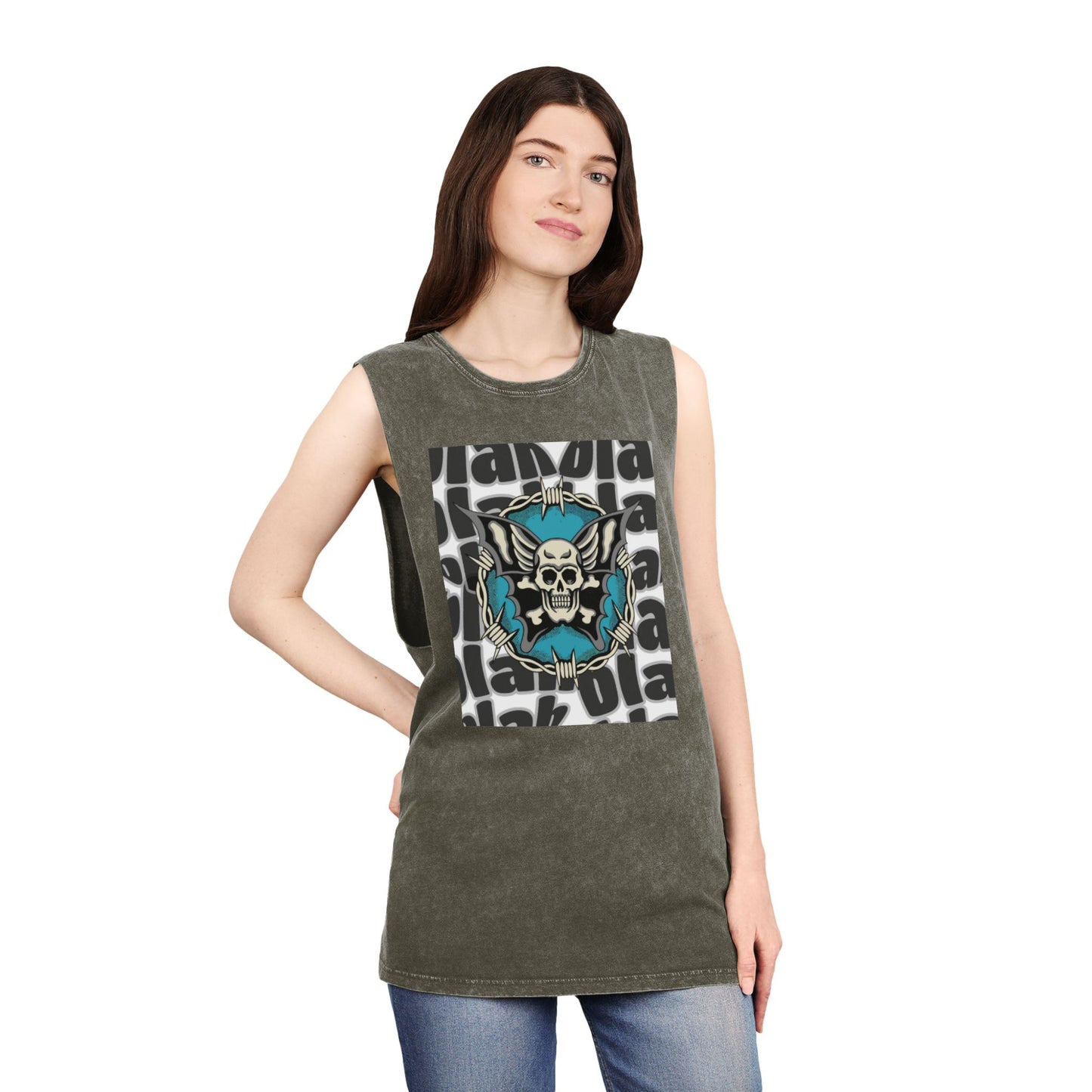 Unisex Stonewash Tank Top with Skull Design, Edgy Graphic Tee, Rocker Style Apparel, Festival Outfit, Casual Summer Wear