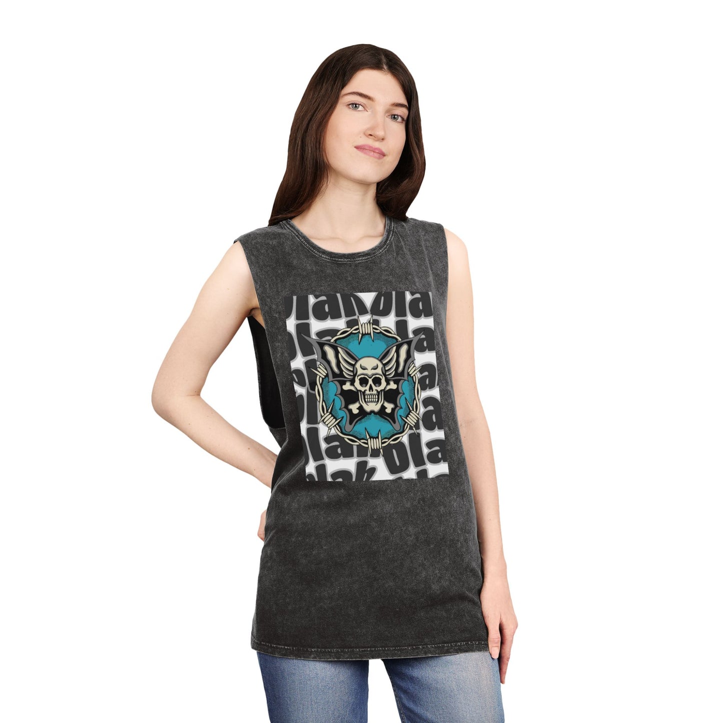 Unisex Stonewash Tank Top with Skull Design, Edgy Graphic Tee, Rocker Style Apparel, Festival Outfit, Casual Summer Wear